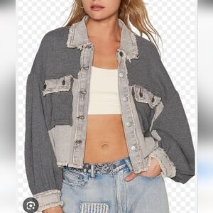 POL Denim Waffle Knit Jacket Drop Shoulder Lightweight Womens Medium Cotton Boho